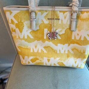 Michael Kors Yellow Logo Tote Bag with Butterfly Necklace New